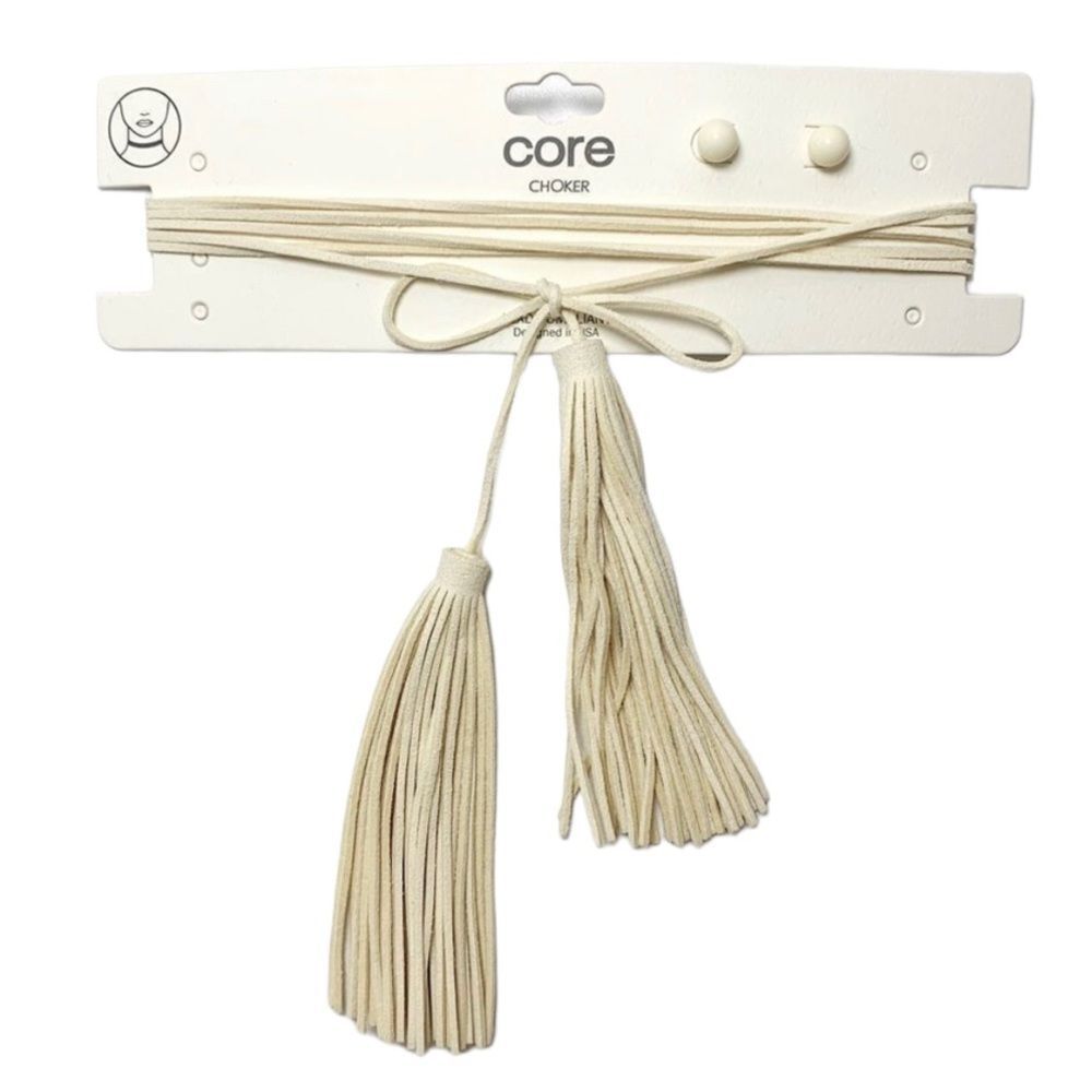 Core Cream Faux Suede Tassel Choker Necklace & Stud Earring Set Boho Jewelry